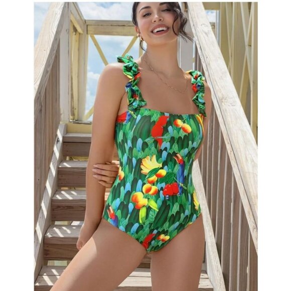 Spolrike Womens Tropical Floral One-Piece Swimsuit Ruffled Straps Medium Beach - Picture 3 of 12